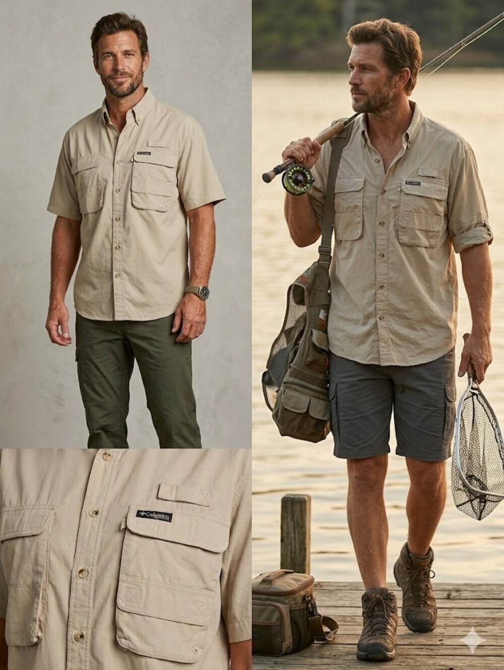 Hook & Tackle Men's Short-Sleeve Utility Button-Down Shirt in Taupe by